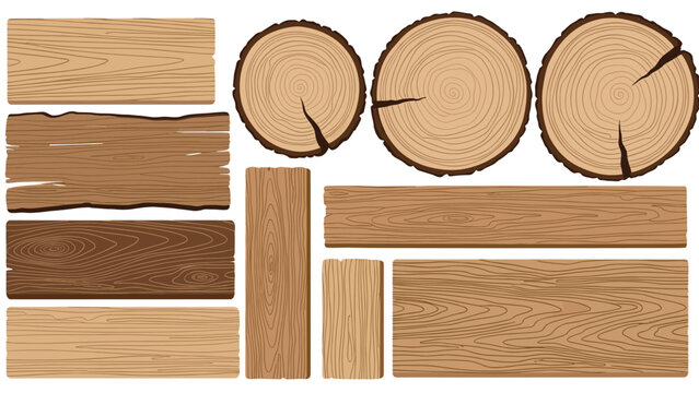 Collection of wooden materials shows various textures including timber planks and circular tree trunk cross-sections on white.
