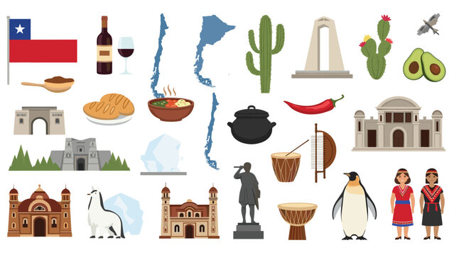 National symbols and cultural icons of Chile are presented through food, landmarks, maps, and the country's national flag.