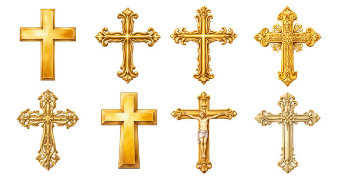 A charming watercolor collection of golden cross clipart, including ornate crosses, classic Christian symbols, decorative filigree details, and rich gold tones.