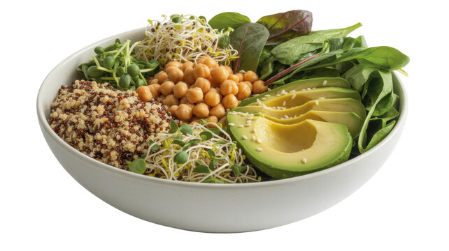 Healthy food bowl with quinoa and avocado isolated on a transparent background