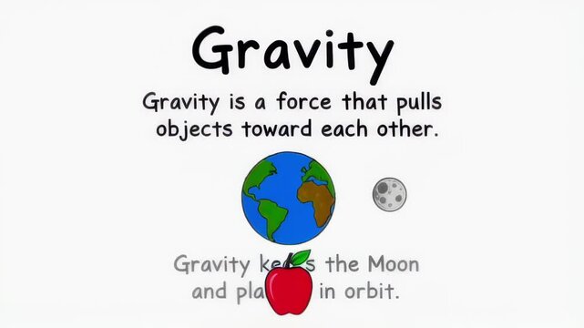 Educational poster showing gravity pulling objects toward Earth with Moon illustration.