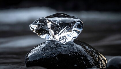 Abstract Ice Formation on Dark Wet Stone with Soft Blurred Background