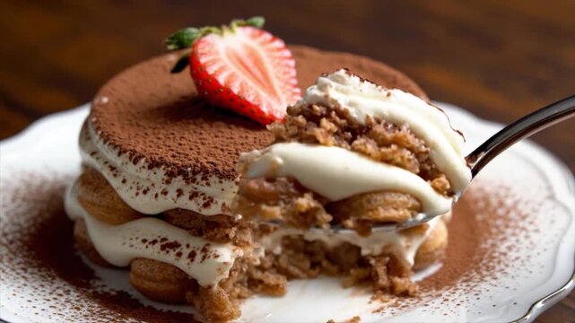 A decadent chocolate dessert with strawberry topping on a white plate being eaten with a fork