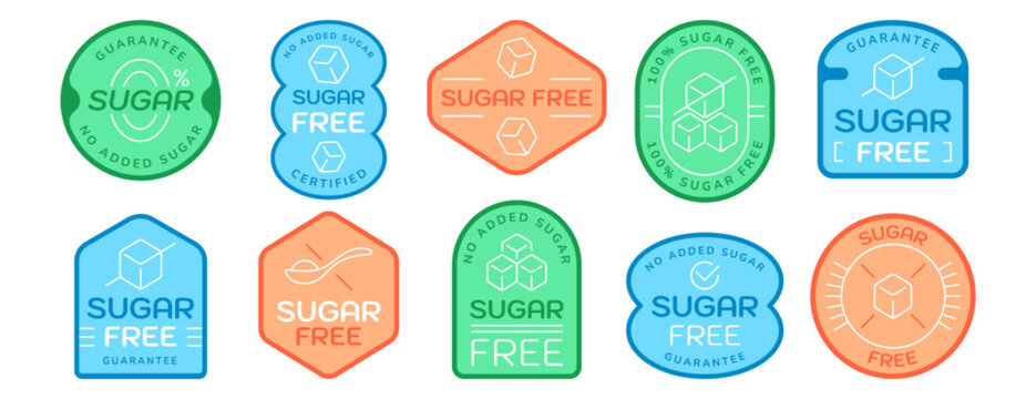 100 percent sugar free icon vector set. No added sugar label or seal for product design packaging. Diabetic food colorful sticker. Zero calories emblem, diet beverage products badge, healthy eat stamp
