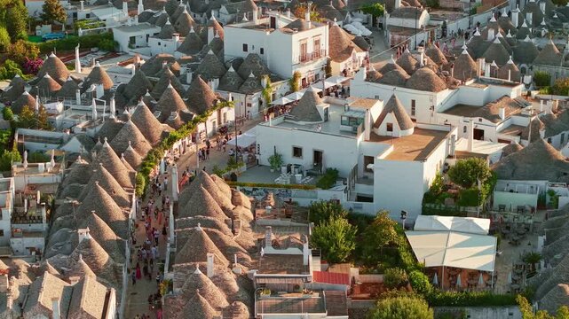 Aerial sunset view of the UNESCO Trulli in Alberobello, Puglia, Italy