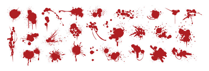 Spray paint red inky drips, stains, liquid splatters or blots. Blood splashes, graffiti speckles, spatters or inkblot spots for halloween design. Paintbrush blobs, splotches with horror crime effects © redgreystock
