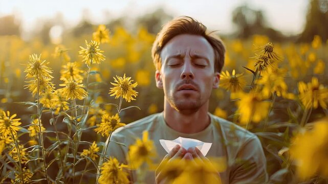 a man sneezes into a tissue on a background of ambrosia. Selective focus
