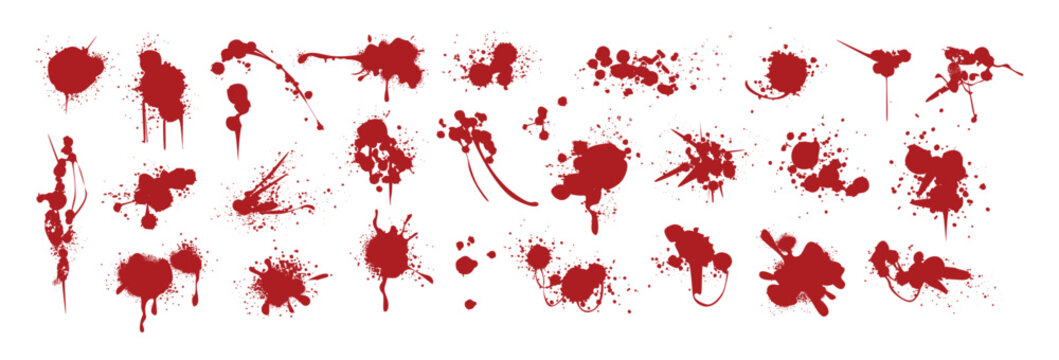 Spray paint red inky drips, stains, liquid splatters or blots. Blood splashes, graffiti speckles, spatters or inkblot spots for halloween design. Paintbrush blobs, splotches with horror crime effects