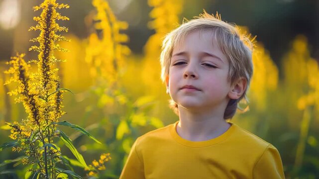 a child sneezes into a tissue on a background of ambrosia. Selective focus