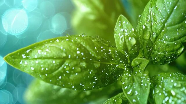 close-up of drops on basil. Selective focus
