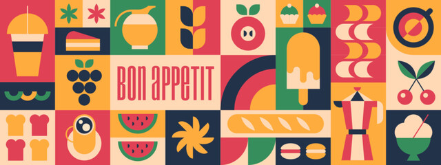 Fototapeta premium Abstract geometric coffee pattern with bakery, cup of drink, sweets and fruits icons or bauhaus brutalist elements. Vector minimalist seamless background, design template for cafe menu or packaging