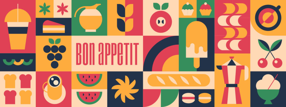 Abstract geometric coffee pattern with bakery, cup of drink, sweets and fruits icons or bauhaus brutalist elements. Vector minimalist seamless background, design template for cafe menu or packaging