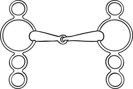Hand drawn line art bridle snaffle bit for horse riding and dressage or jumping sport show isolated on transparent background. Pessoa bit with three rings, single joined.