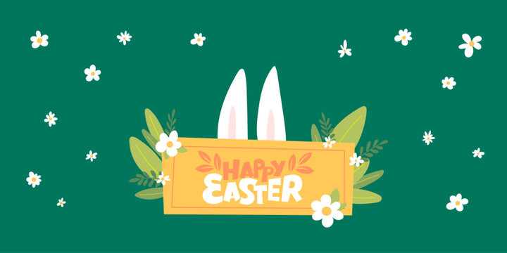 Happy Easter greeting banner with cute bunny ears peeking behind a yellow sign. Flat vector illustration with daisy flowers and spring leaves on a deep green background.