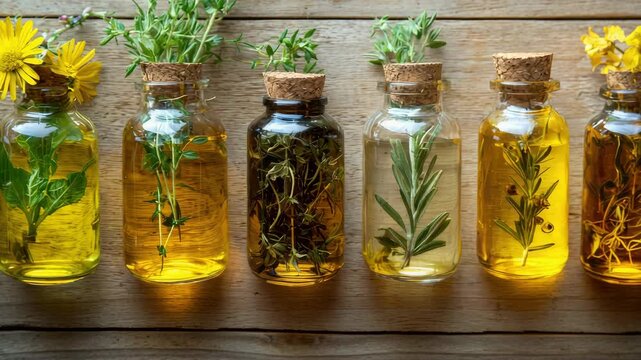 different medicinal herbs on wooden background top view. Selective focus