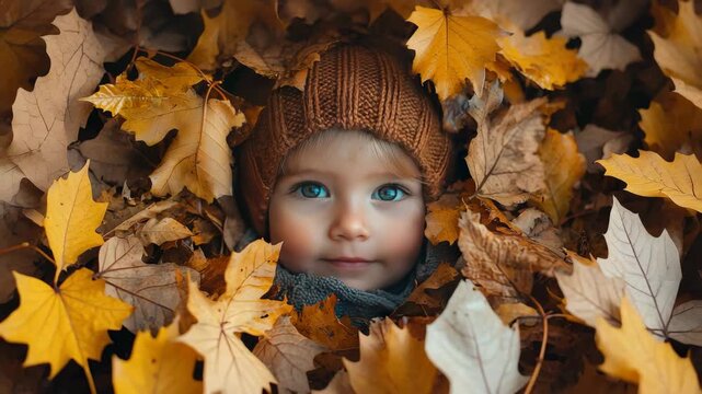 close-up of a child playing with autumn leaves. Selective focus