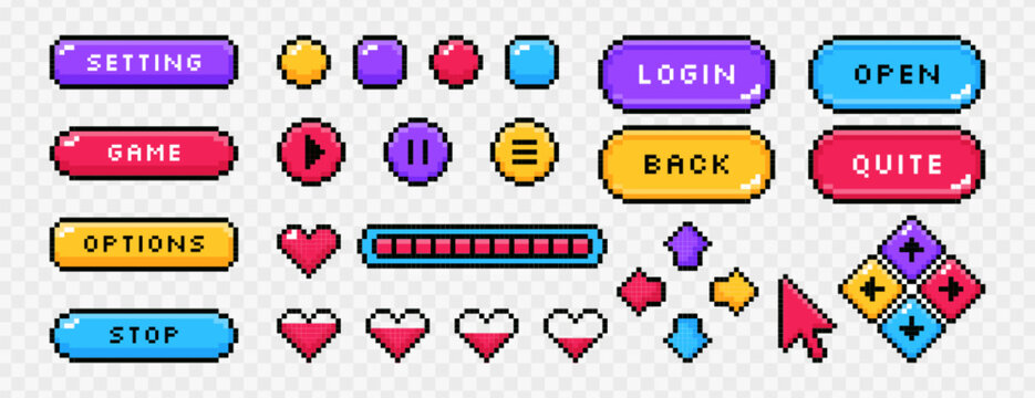 Pixel art 8bit arcade ui play, pause, settings and open colorful buttons. Pixelated arrows and life loading bar with hearts. Video game item symbols, interface menu icons, app navigation vector set