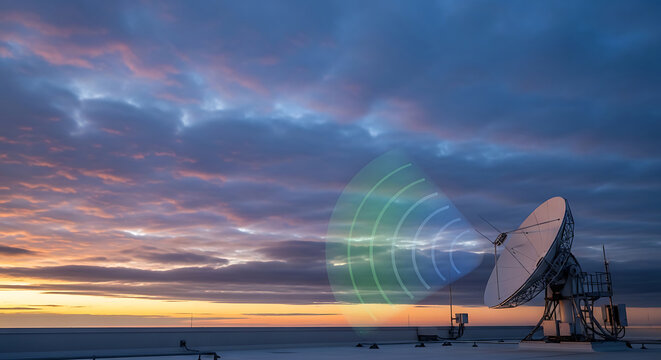 Satellite dish transmitting signals, dramatic sunset sky, rooftop antenna, vibrant orange yellow purple clouds, communication technology, broadcasting, data transfer