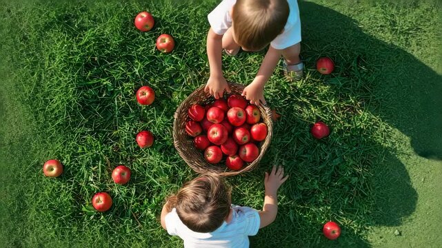 the child collects apples in a basket. Selective focus