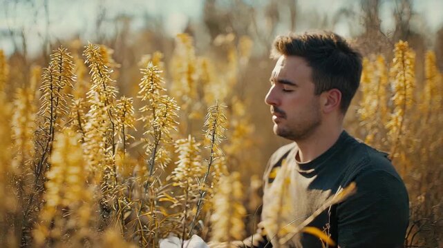 a man sneezes into a tissue on a background of ambrosia. Selective focus