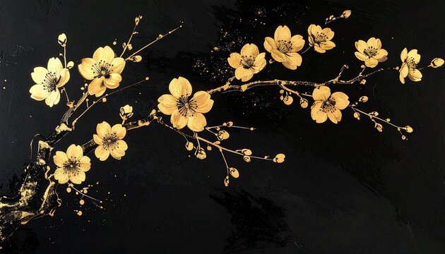 金色墨絵桜枝一筆弧黒背景背景