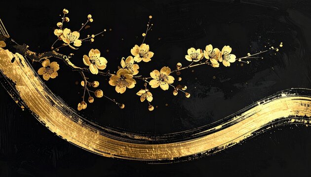 金色墨絵桜枝一筆弧黒背景背景