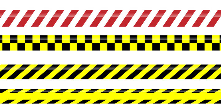 Set of yellow, black and red and white warning restriction or forbidden area tape, no entry, area under contruction, traffic accident, crime. Vector flat