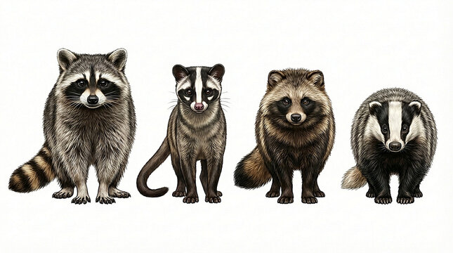 よく似ている害獣（アライグマ、ハクビシン、タヌキ、アナグマ）の比較イラスト Comparison illustration of similar pest animals (raccoon, masked palm civet, raccoon dog, badger)
