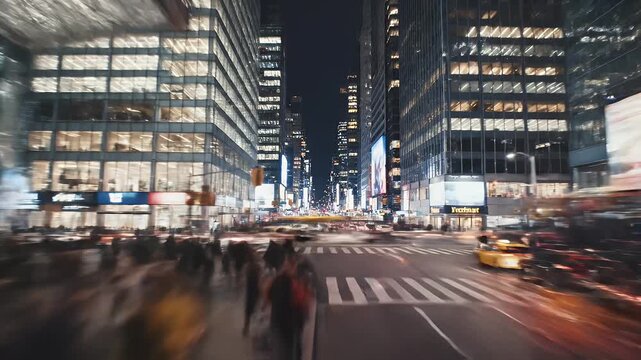 Nighttime cityscape with blurred motion. Buildings flank a crowded street with light trails