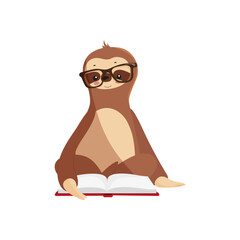 Fototapeta premium Vector illustration of a sloth reading a book with glasses.