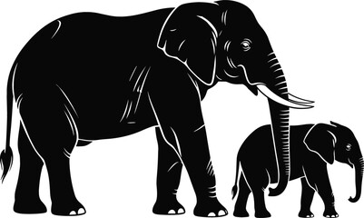 Elephant Family Silhouette with Adult and Baby Calf Isolated Black Wildlife Animal Vector Illustration for Nature and Safari Designs © MDRahamat
