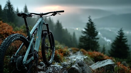 Alpine mountain bike parked on stones with cloudy background images