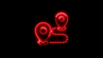 Obraz premium Red neon map pin connected by dotted line on black location navigation symbol glowing pin connected pins