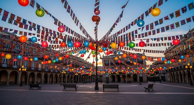 Outdoor celebration setup with vibrant banners and lanterns, empty plaza, realistic style