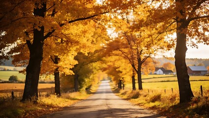 Fototapeta premium ambient. Scenic autumn road lined with golden trees, evoking a peaceful countryside atmosphere. representing seasonal cycles and harvest abundance.