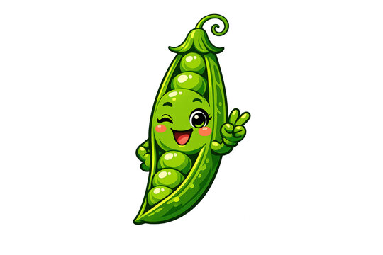 Cheerful cartoon green pea pod character winking and showing peace sign with transparent background