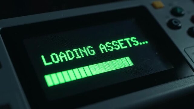 A close-up shot depicting a digital device screen displaying 'LOADING ASSETS&hellip;'. Ideal for concepts related to data management, software updates, or te