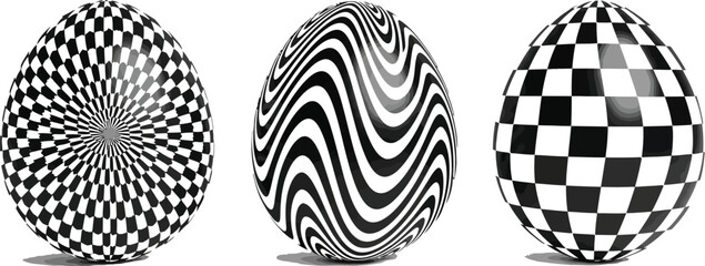 Three eggs with different black and white patterns on them