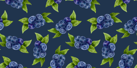 Blueberry seamless pattern on dark blue background, hand painted watercolor berries and leaves. Elegant botanical repeat for premium packaging, textile, wallpaper and organic branding.