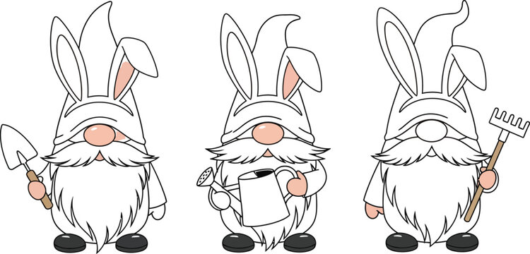 Three cute easter gnomes with gardening tools on white background