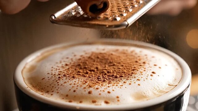 A macro shot of a cinnamon stick being grated over a frothy latte.