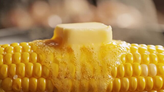 A macro shot of a pat of butter melting on top of a steaming hot corn cob.