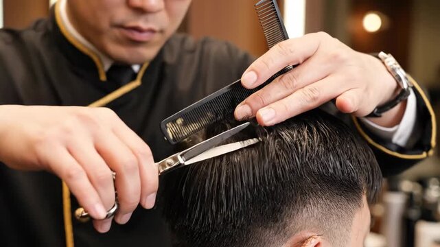 Barber cutting hair with scissors and comb in stylish salon, meticulous grooming technique with professional barber focused on detailed work.