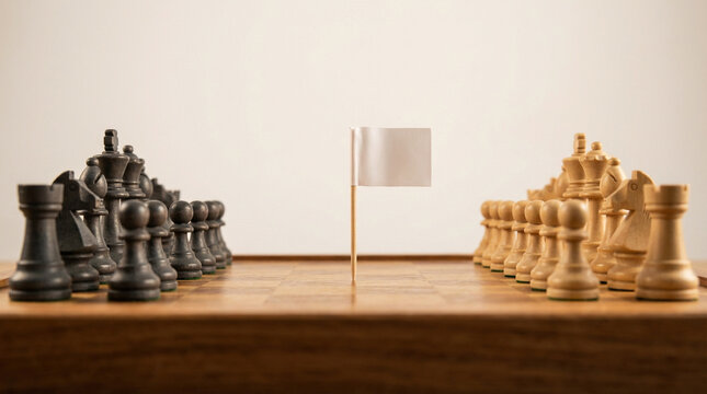 Dark and light game pieces facing each other with white flag in center. Ceasefire, truce, peace agreement, and conflict pause concept