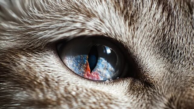 An extreme close-up of a cat's eye with a slit pupil reacting to light