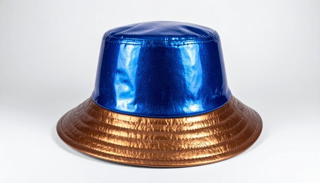 Shiny metallic bucket hat with reflective crinkled texture, blue top and bronze-colored brim, unique fashion accessory with bold color combination, isolated against plain background, eye-catching mode