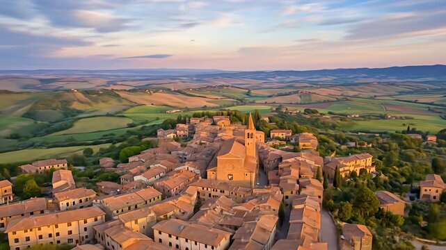 Aerial view of a Tuscan town with terracotta roofs, rolling green hills, at sunset
