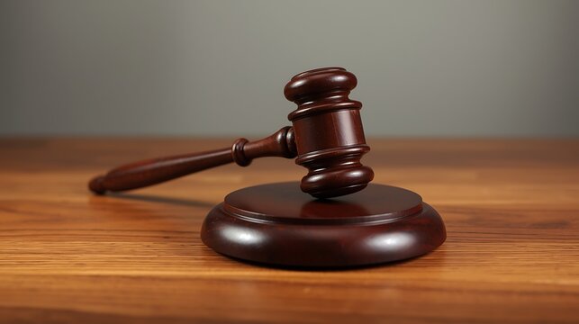 AI Generative Legal Gavel on Wooden Desk Symbolizing Justice and Courtroom Proceedings