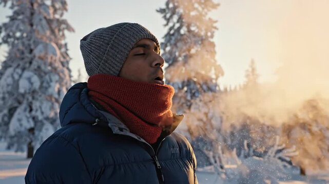 Man breathing in cold winter air surrounded by snow-covered trees. Crisp winter moment as man exhales visible breath in snowy landscape. Concept winter activities and the beauty of nature.
