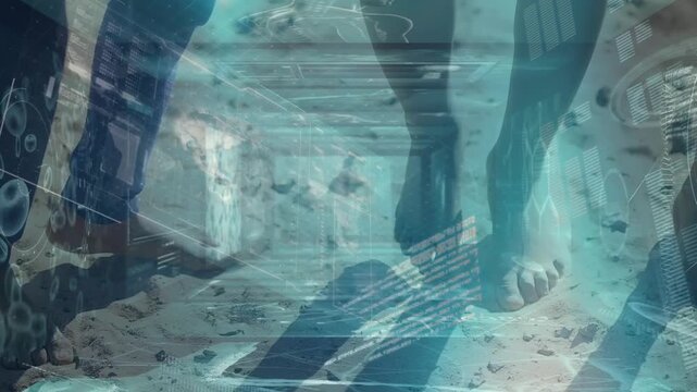 Animation of dna strand spinning and data processing over diverse people jumping